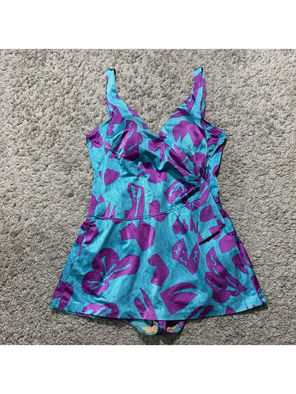 VTG Maxine of Hollywood Women Swim Dress One Piece Blue Purple Floral Size 8